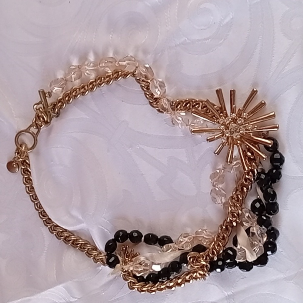 J Crew gold link, jet bead, pink crystal, jet bead necklace with gold starburst